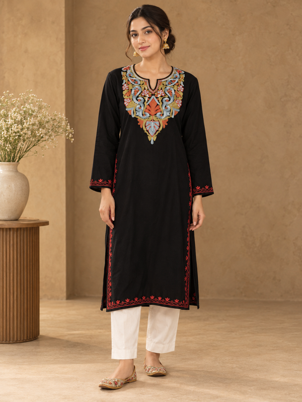 Black Kashmiri Pheran with Sky Blue & Orange Paisley Embroidery – KAARKASH