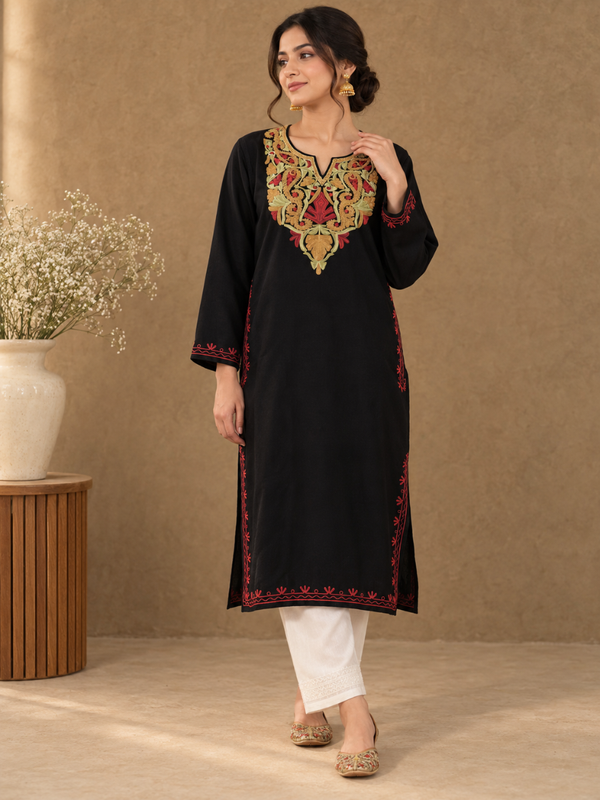 Black Kashmiri Pheran with Mustard & Red Paisley Embroidery – KAARKASH