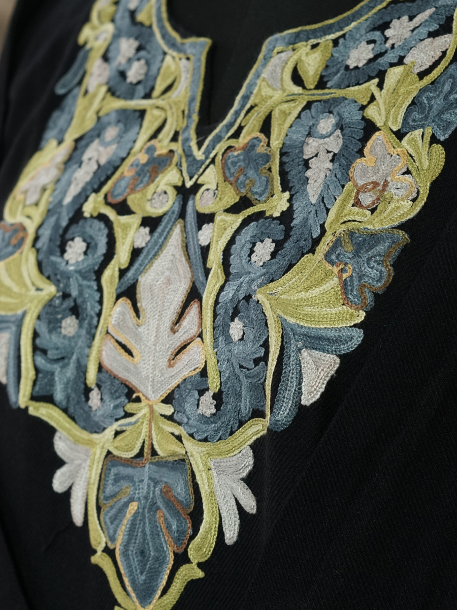 Black Kashmiri Pheran with Grey Blue & Lime Paisley Embroidery – KAARKASH