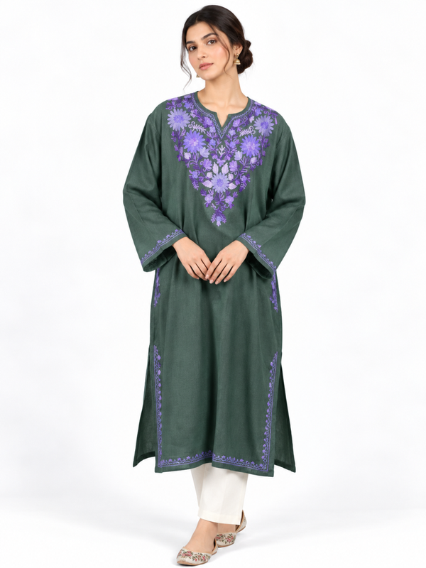 Dark Green Kashmiri Pheran with Lilac Floral Embroidery – KAARKASH