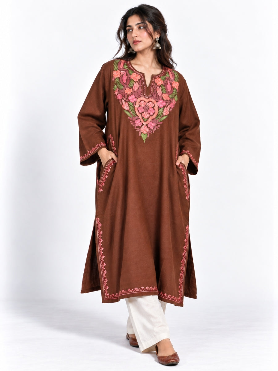 Brown Kashmiri Pheran with Pink Floral Embroidery – KAARKASH