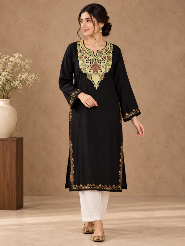 Black Kashmiri Pheran with Sage Green & Beige Paisley Embroidery – KAARKASH