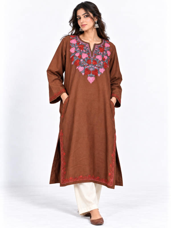 Brown Kashmiri Pheran with Red and Pink Pamposh Embroidery – KAARKASH