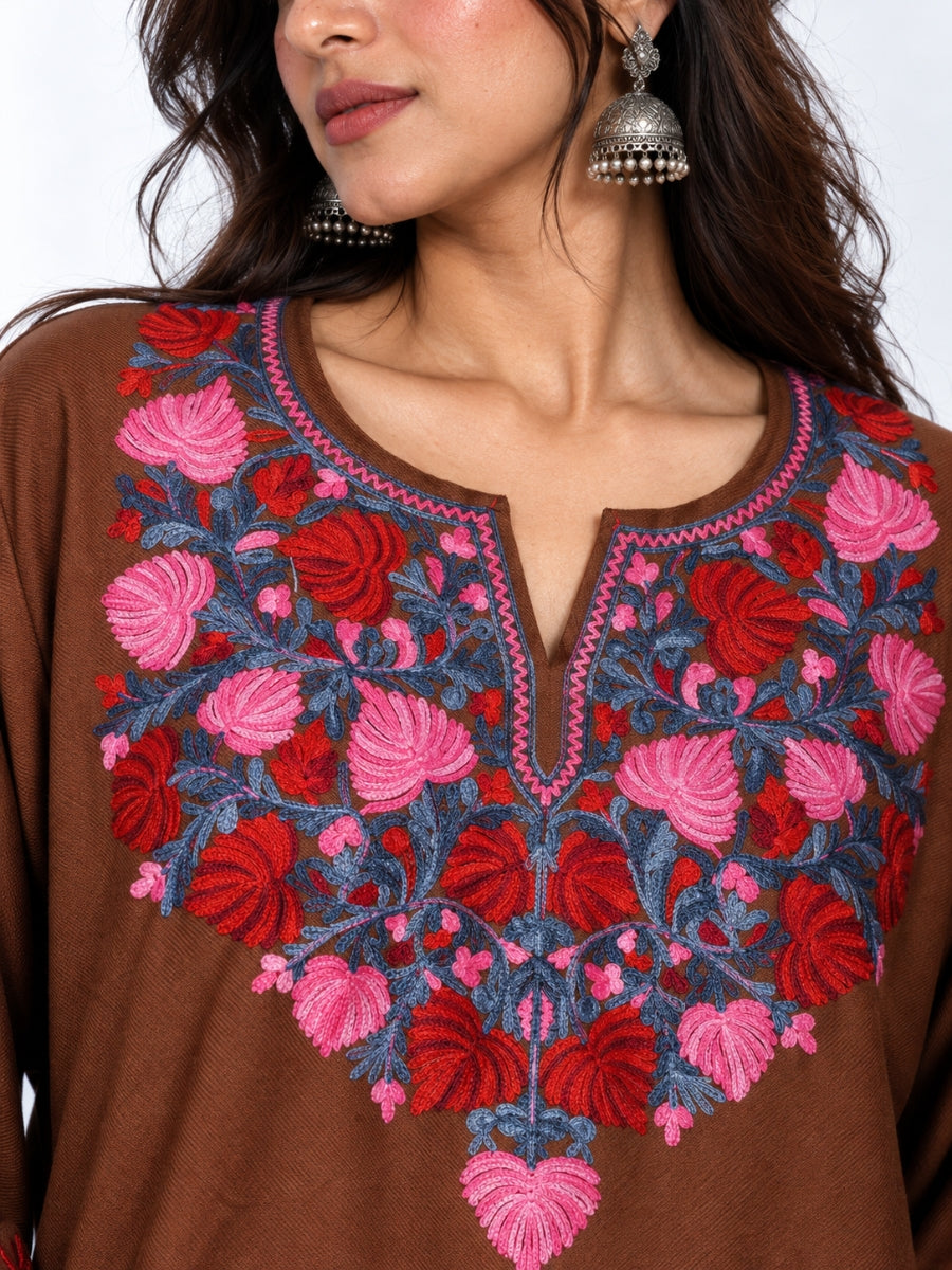 Brown Kashmiri Pheran with Red and Pink Pamposh Embroidery – KAARKASH