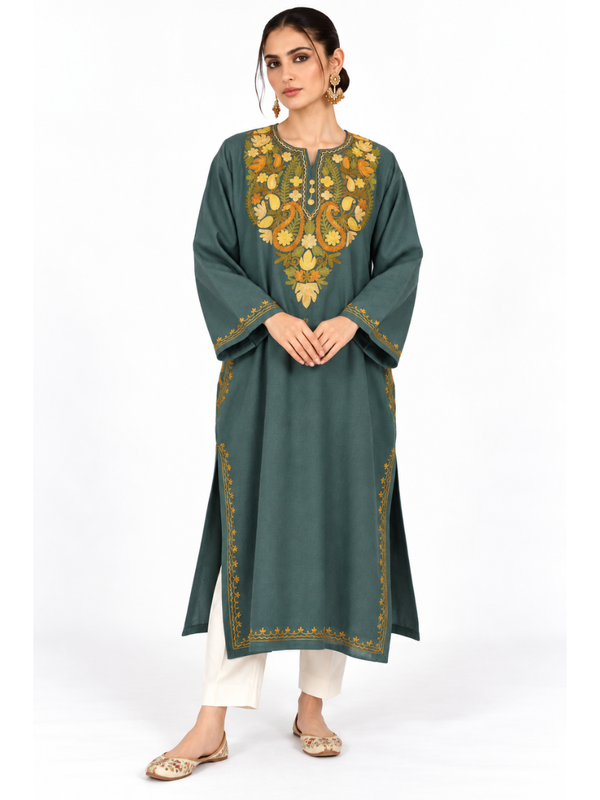 Dark Green Kashmiri Pheran with Golden Floral Embroidery – KAARKASH