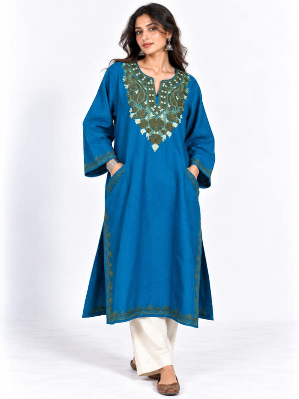 Sea Blue Kashmiri Pheran with Green Chinar Embroidery – KAARKASH