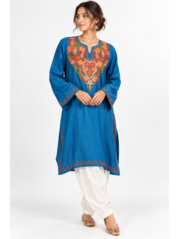 Royal Blue Kashmiri Pheran with Orange Floral Embroidery – KAARKASH