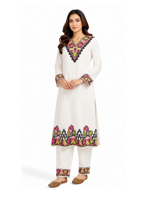Noor : Kashmiri Aari embroidery summer Co-Ord Set | Light Gray