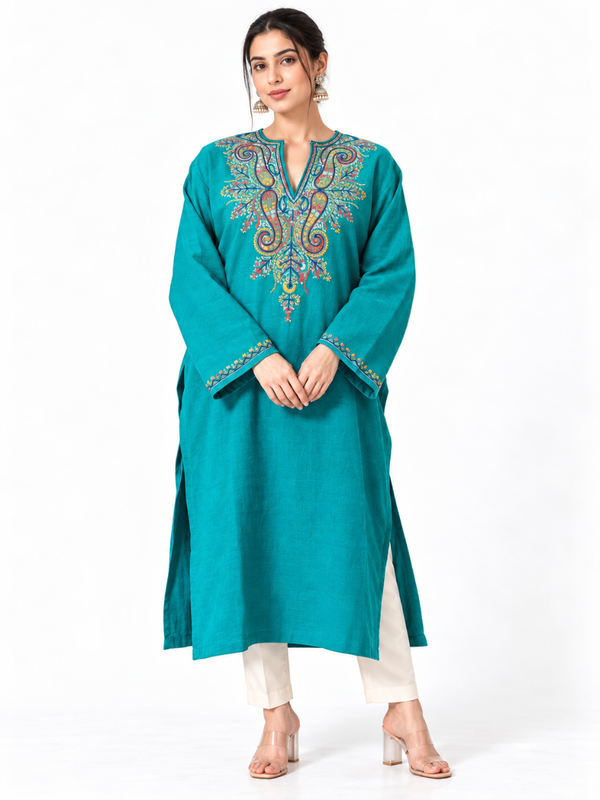 Meeras: Hand-Embroidered Sozni Raffel Wool Pheran (Phiran) | Ocean Teal