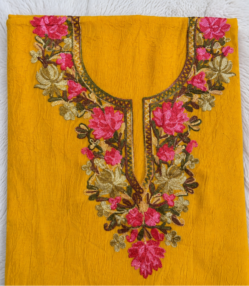 Gul Kashmiri Aari 2 Piece Unstitched Suit | Mustard