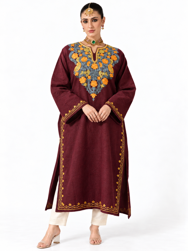 Gulposh Royal Kashmiri Pheran | Pure Raffel Wool | Wine