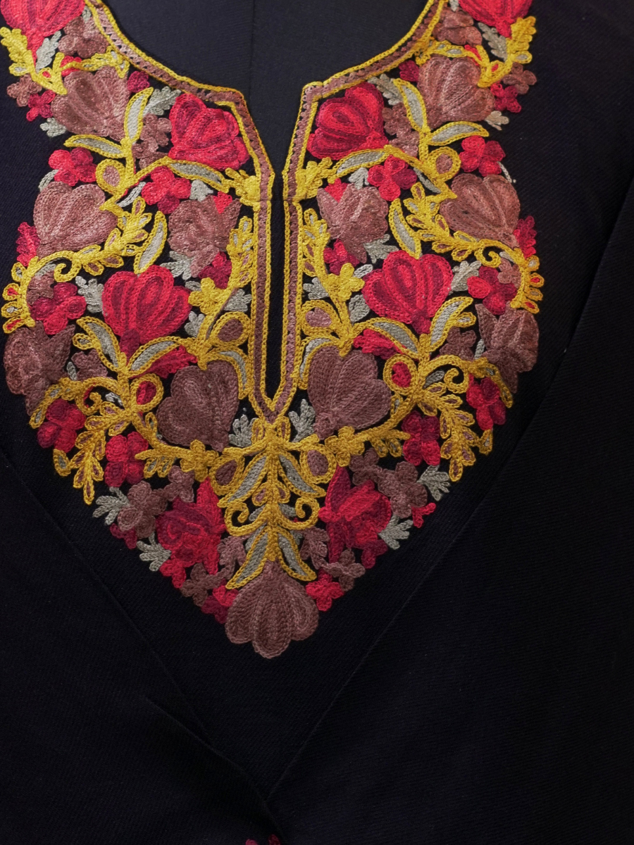 Black Kashmiri Pheran with Red & Gold Floral Embroidery – KAARKASH