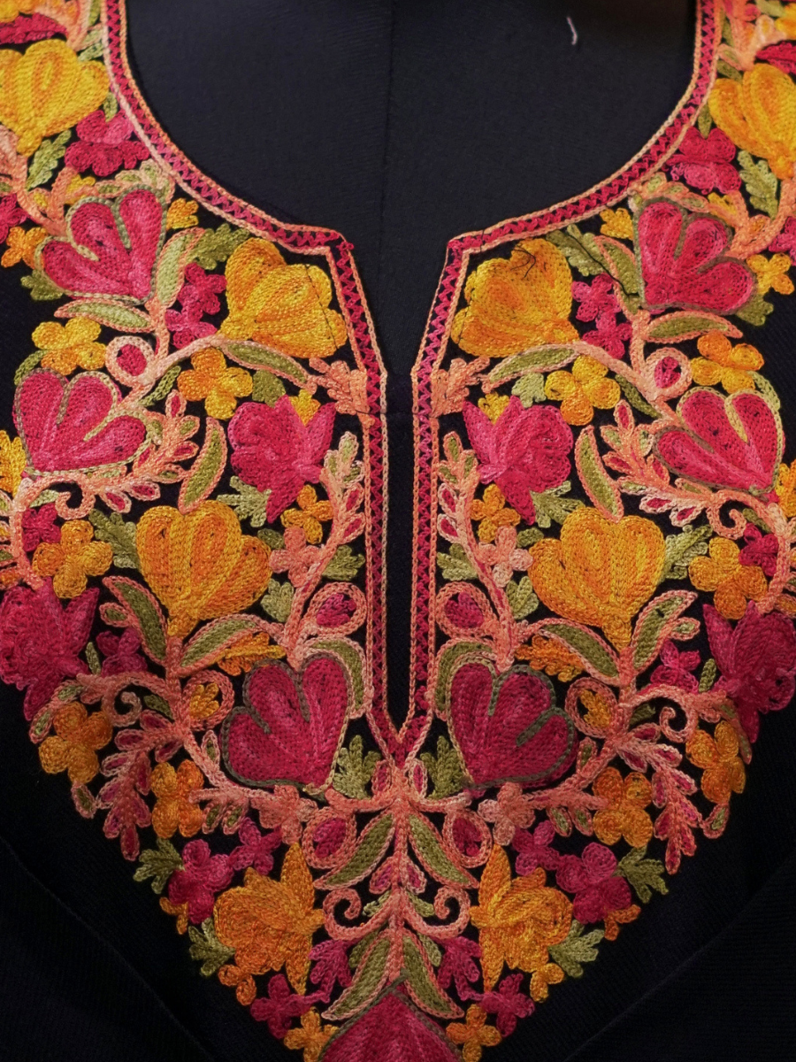 Black Kashmiri Pheran with Orange & Red Floral Embroidery – KAARKASH