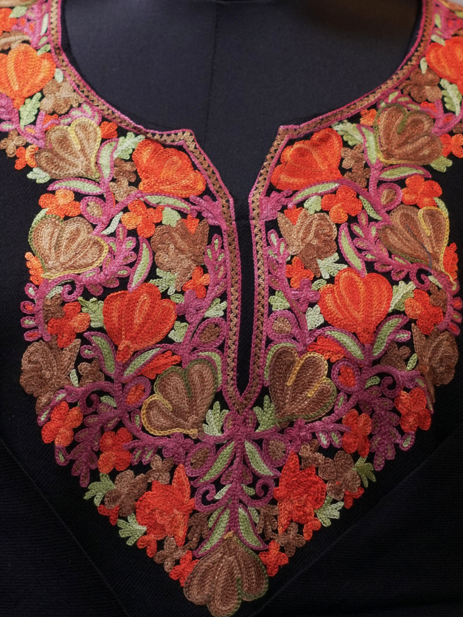 Black Kashmiri Pheran with Rust & Red Floral Embroidery – KAARKASH