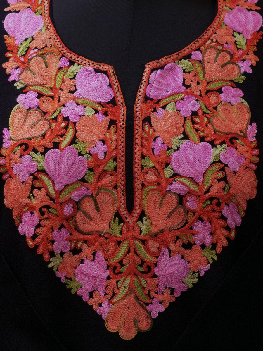 Black Kashmiri Pheran with Lilac & Coral Floral Embroidery – KAARKASH