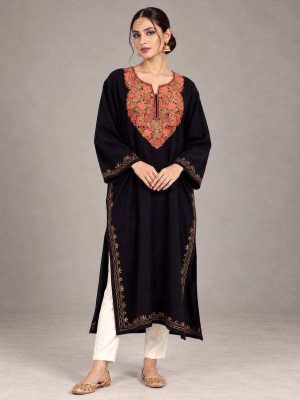 Black Kashmiri Pheran with Peach & Coral Floral Embroidery – KAARKASH