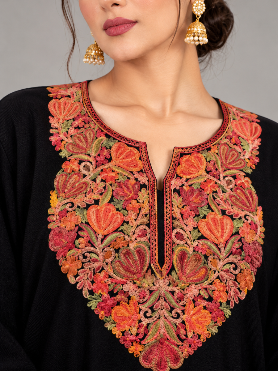 Black Kashmiri Pheran with Peach & Coral Floral Embroidery – KAARKASH
