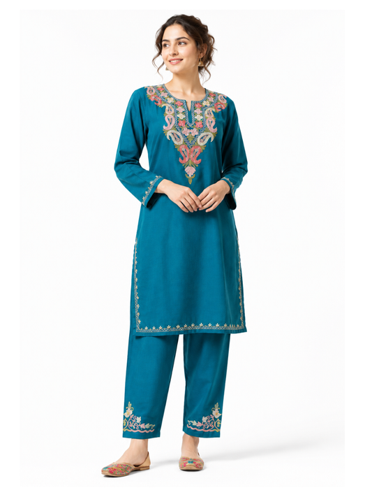 Kashmir Aari cotton Co-Ord Set | Dark Teal
