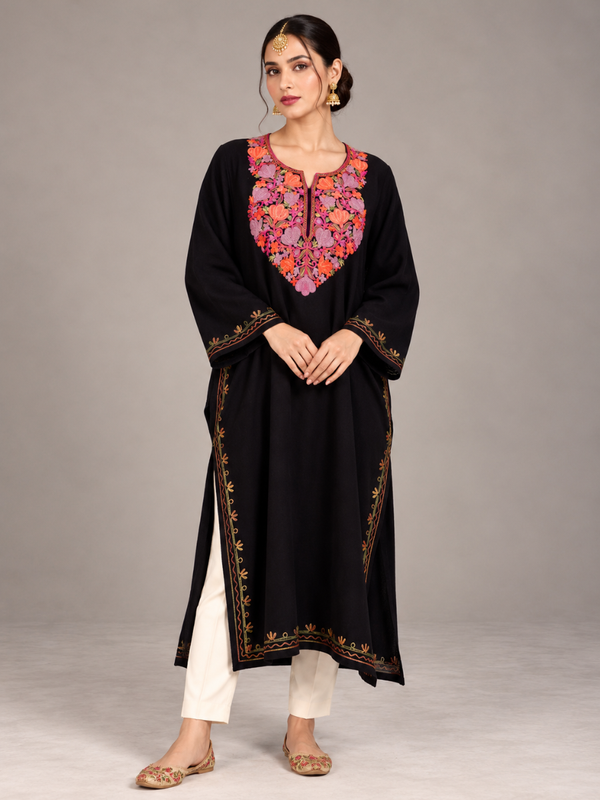 Black Kashmiri Pheran with Marigold & Coral Floral Embroidery – KAARKASH