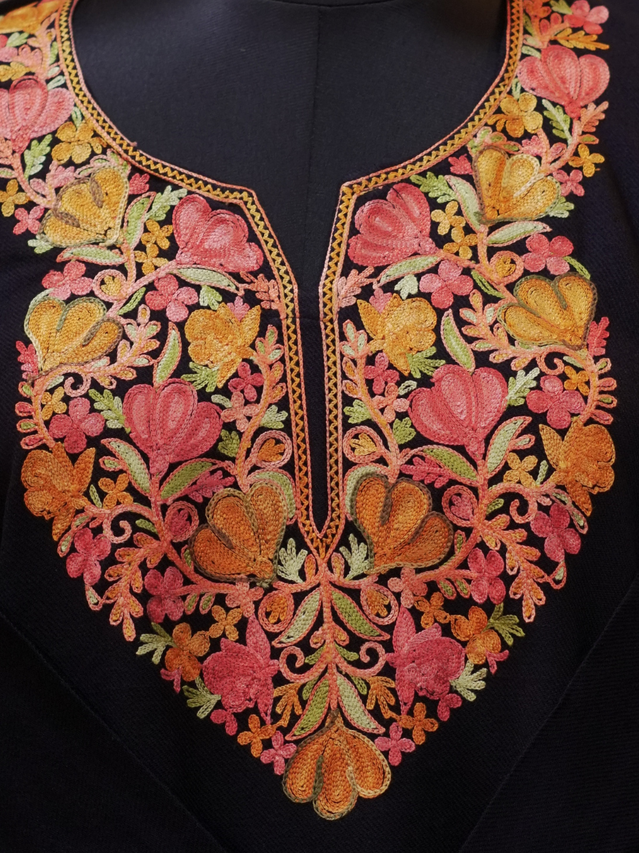 Black Kashmiri Pheran with Pink & Orange Floral Embroidery – KAARKASH