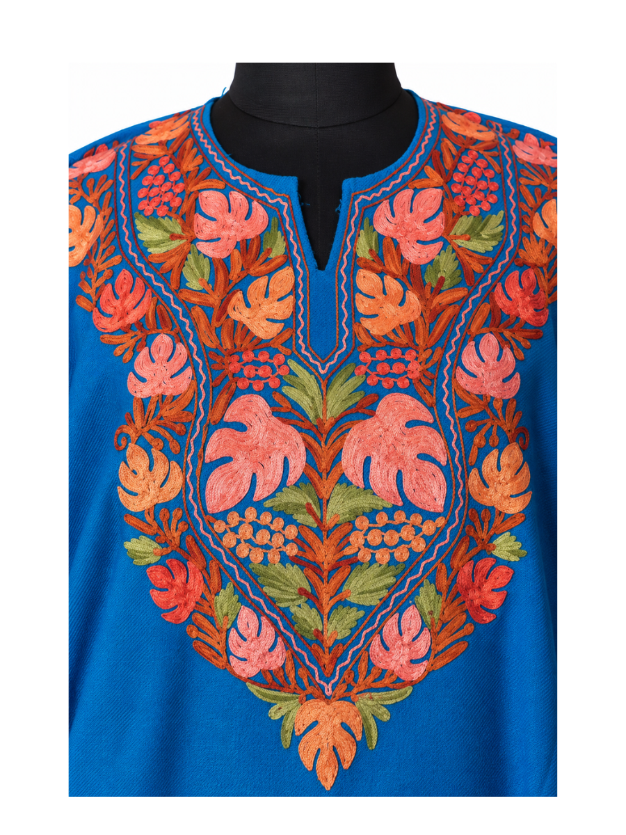 Royal Blue Kashmiri Pheran with Coral Floral Embroidery – KAARKASH