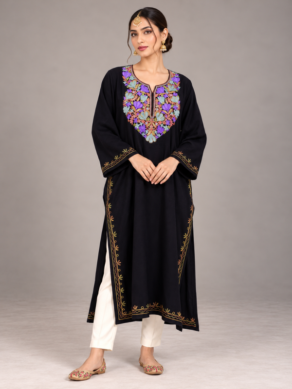 Black Kashmiri Pheran with Purple & Aqua Floral Embroidery – KAARKASH