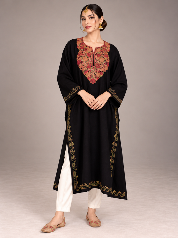 Black Kashmiri Pheran with Rust & Gold Floral Embroidery – KAARKASH