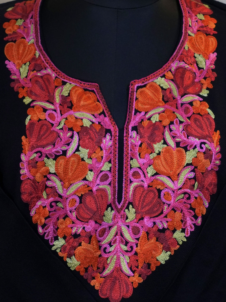 Black Kashmiri Pheran with Magenta & Orange Floral Embroidery – KAARKASH