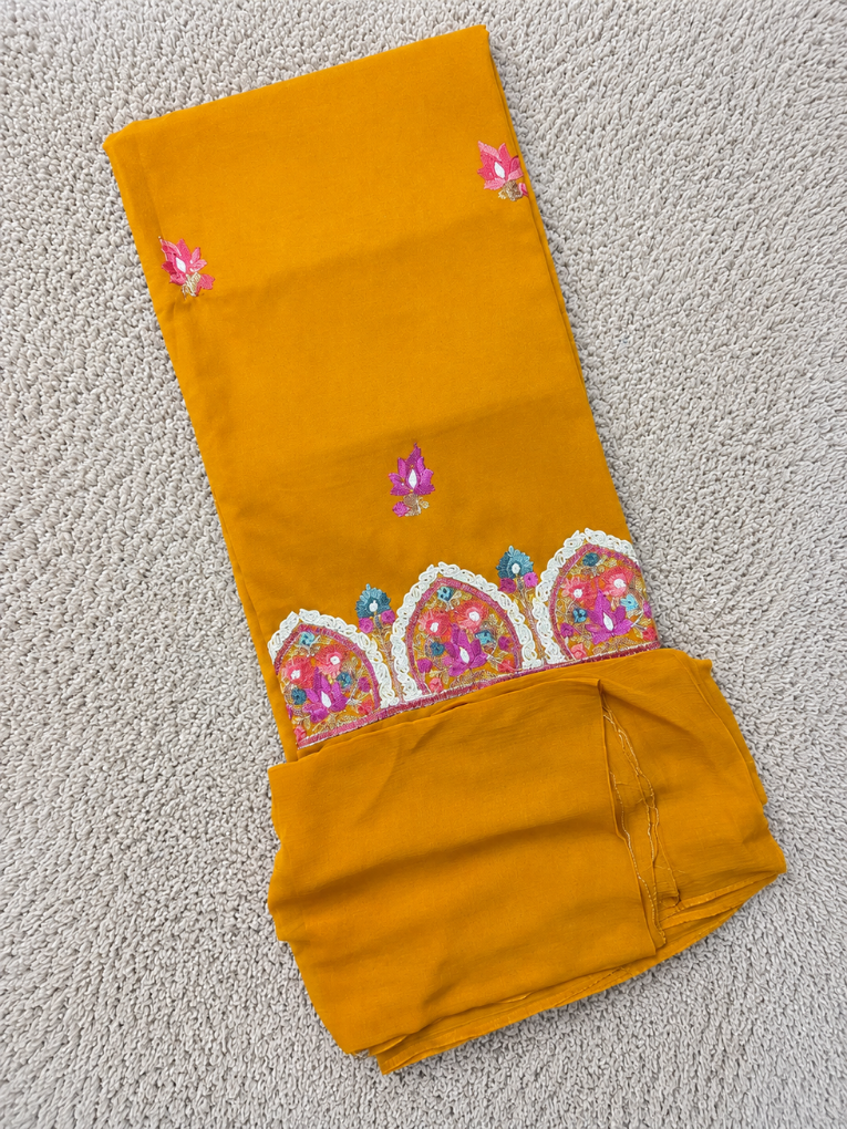 Kashmiri Botti Aari 3 Piece Unstitched Suit | Mustard Yellow