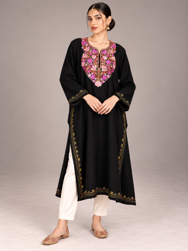 Black Kashmiri Pheran with Rose Pink & Gold Floral Embroidery – KAARKASH