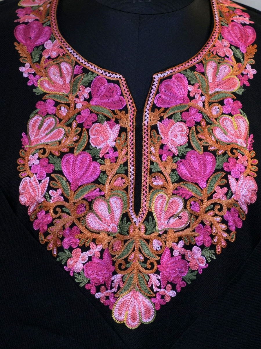 Black Kashmiri Pheran with Rose Pink & Gold Floral Embroidery – KAARKASH