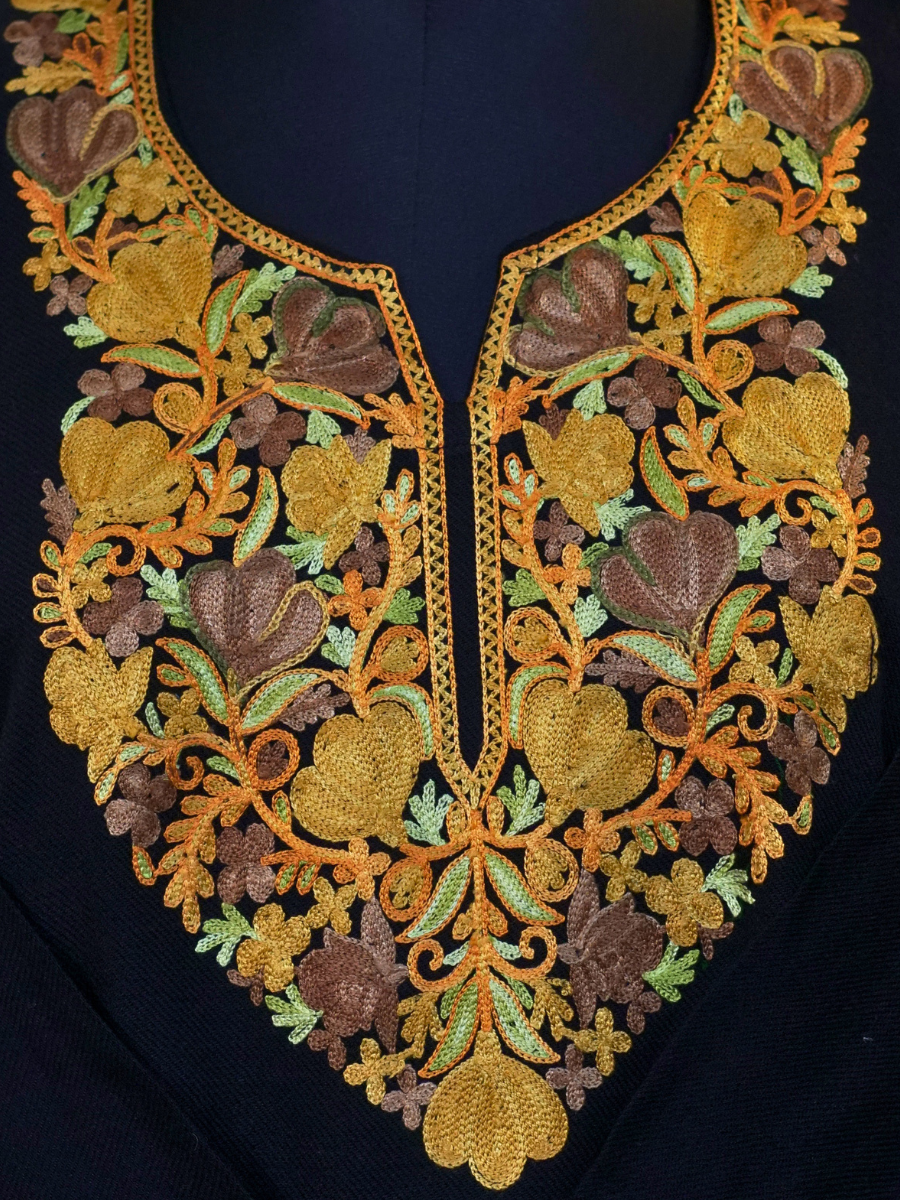 Black Kashmiri Pheran with Mustard & Gold Floral Embroidery – KAARKASH