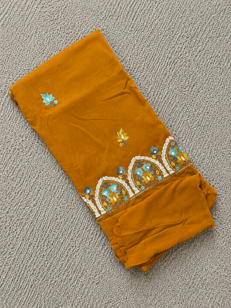 Kashmiri Botti Aari 3 Piece Unstitched Suit | Mustard Yellow
