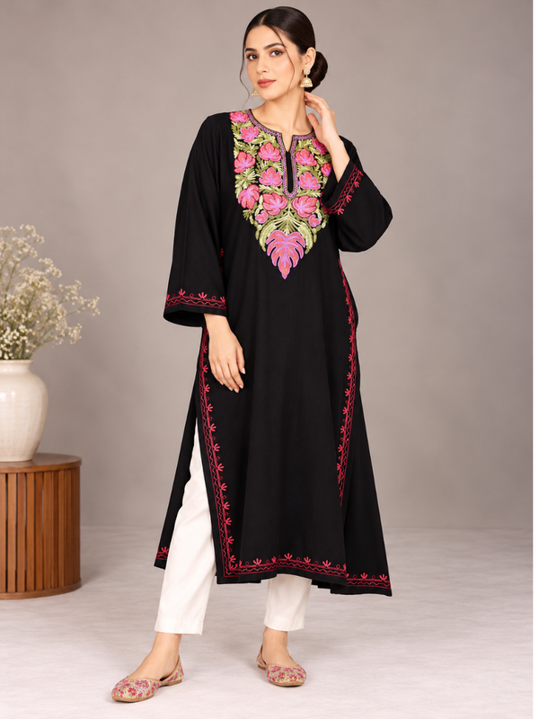 Black Kashmiri Pheran with Pink & Green Chinar Embroidery – KAARKASH
