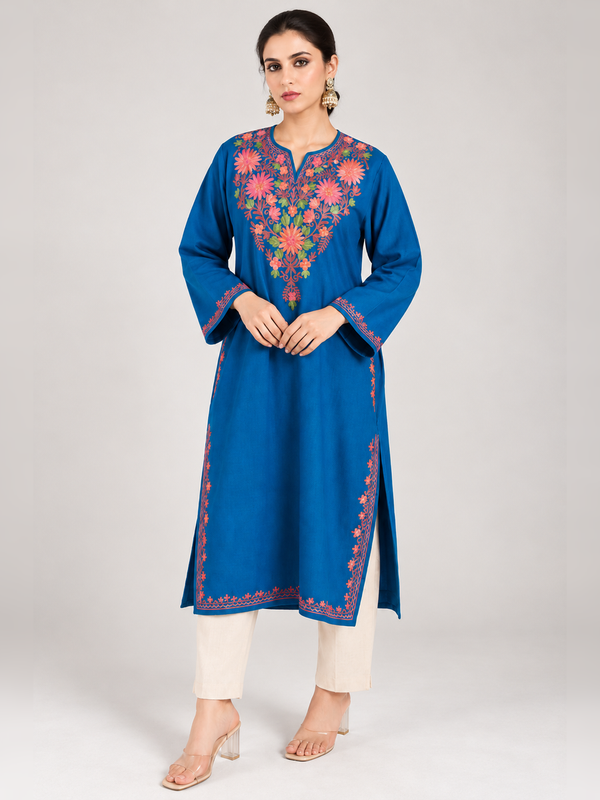 Cobalt Blue Kashmiri Pheran with Multicolour Floral Embroidery – KAARKASH
