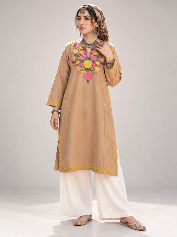 Kashmiri Aari Embroidered Pheran (Phiran) – Yellow, Green, Pink | Hazelwood