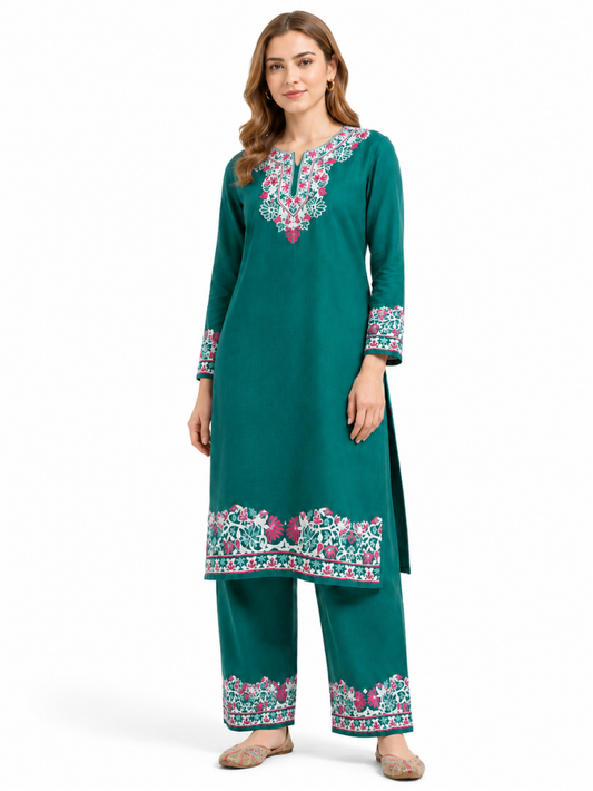 Kashmir Aari cotton Co-Ord Set | Dark Teal