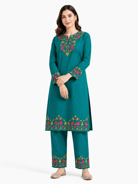 Kashmir Aari cotton Co-Ord Set | Dark Teal
