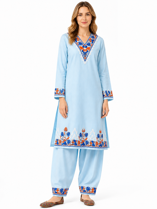 Noor : Kashmiri Aari embroidery summer Co-Ord Set | Aqua