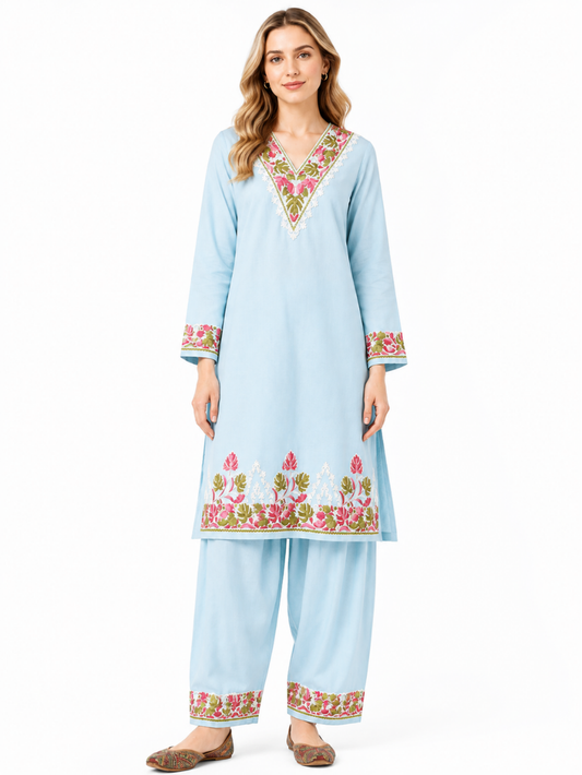 Noor : Kashmiri Aari embroidery summer Co-Ord Set | Aqua