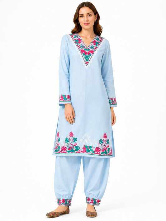 Noor : Kashmiri Aari embroidery summer Co-Ord Set | Aqua
