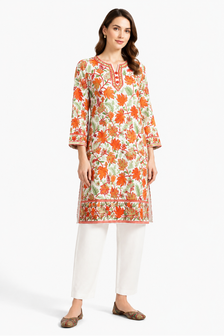 Noor : Chinar Embroidery Summer Kurti | Snow White Georgette