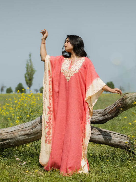 Coral Sunset Cotton Kaftan with Vanilla Cream Aari Embroidery - KaarKash