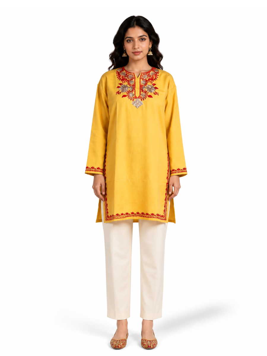 Noor : Aari Embroidery Summer Kurti |Light Yellow