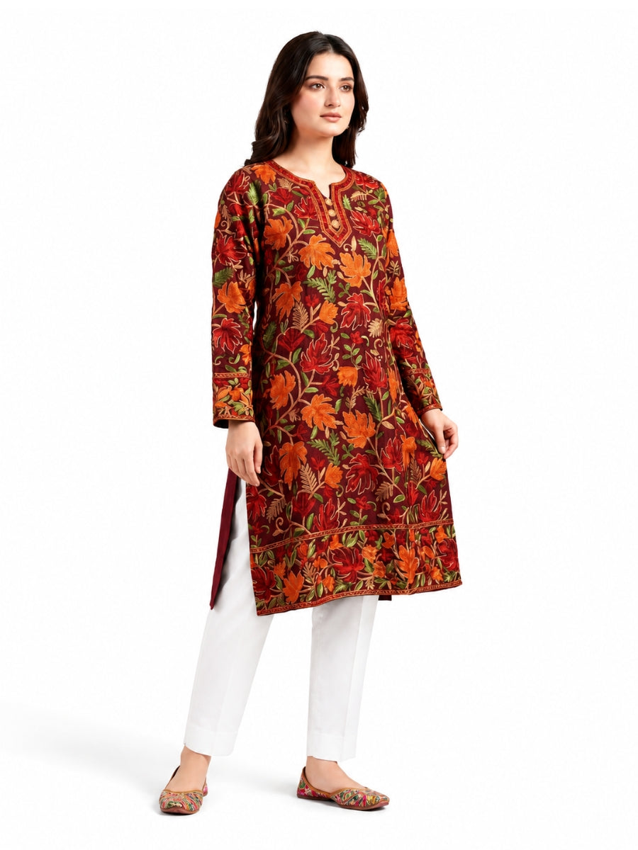 Noor : chinar embroidery summer kurti | Dark Red
