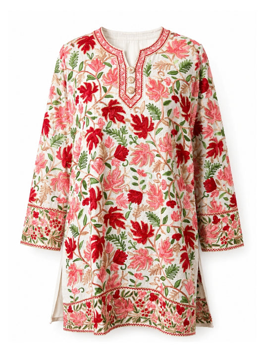 Noor : chinar embroidery summer kurti | Off white pink