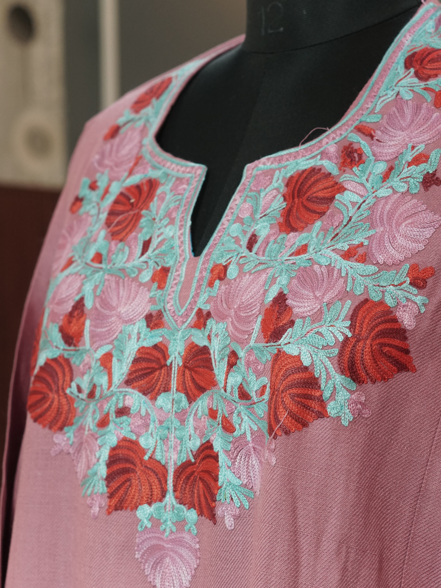 Rose Pink Kashmiri Pheran with Red & Grey Floral Embroidery – KAARKASH