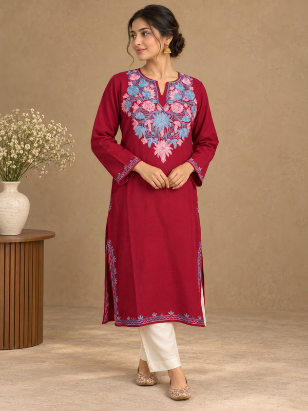 Crimson Red Kashmiri Pheran with Blue & Pink Floral Embroidery | Aari Embroidered Wool Phiran