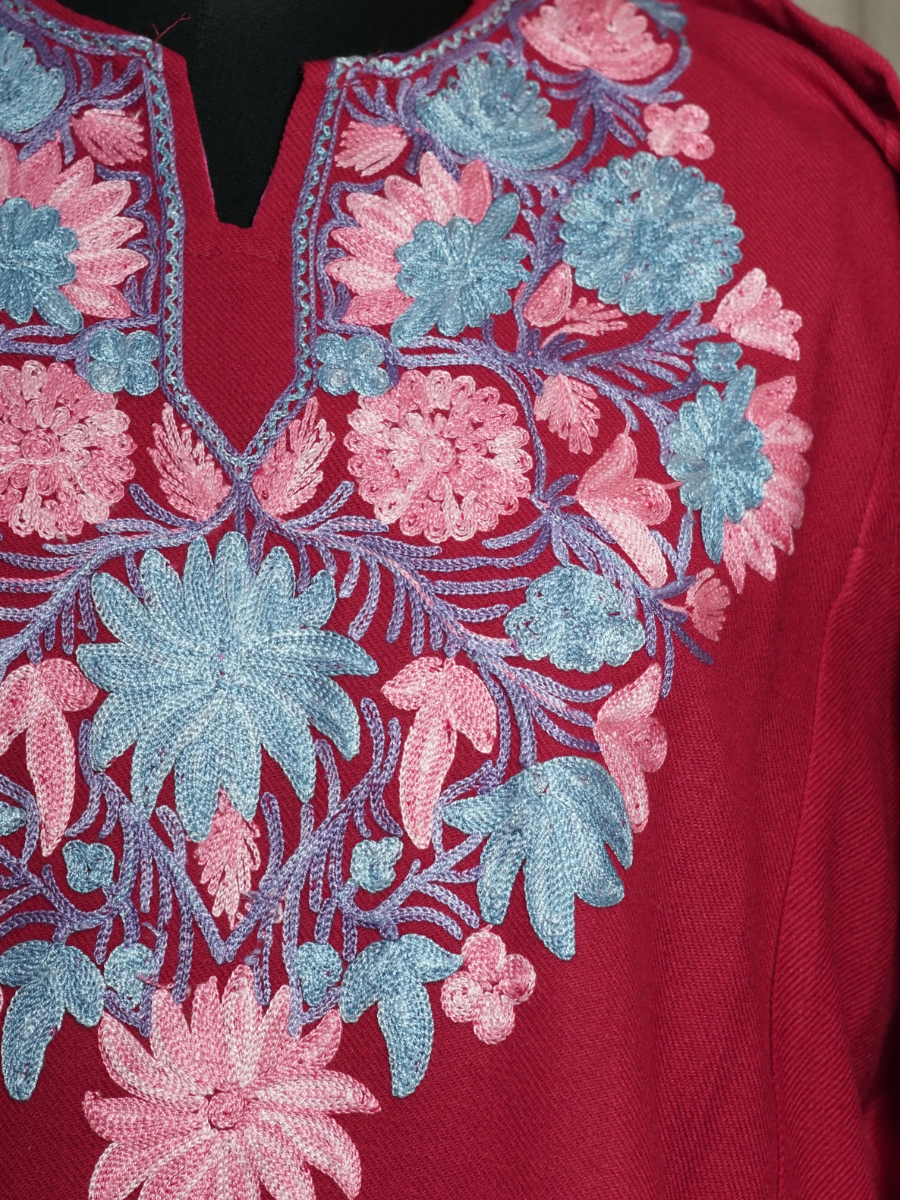 Crimson Red Kashmiri Pheran with Blue & Pink Floral Embroidery | Aari Embroidered Wool Phiran