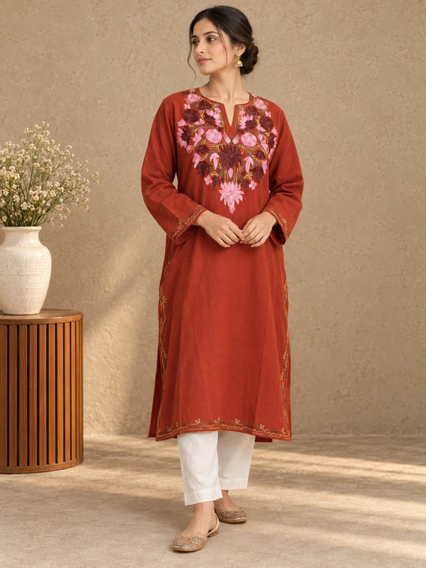 Brown Kashmiri Pheran with Floral Embroidery | Aari Embroidered Wool Phiran